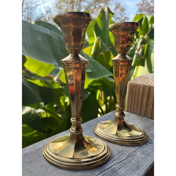 Vintage Solid Brass Candlestick Holders. tall. heavy. matching oval top & bottom - Picture 2 of 9